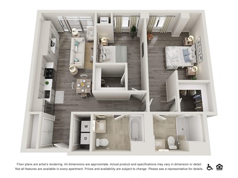 Floor plan for 2 beds, 2 baths, 1035 sqft